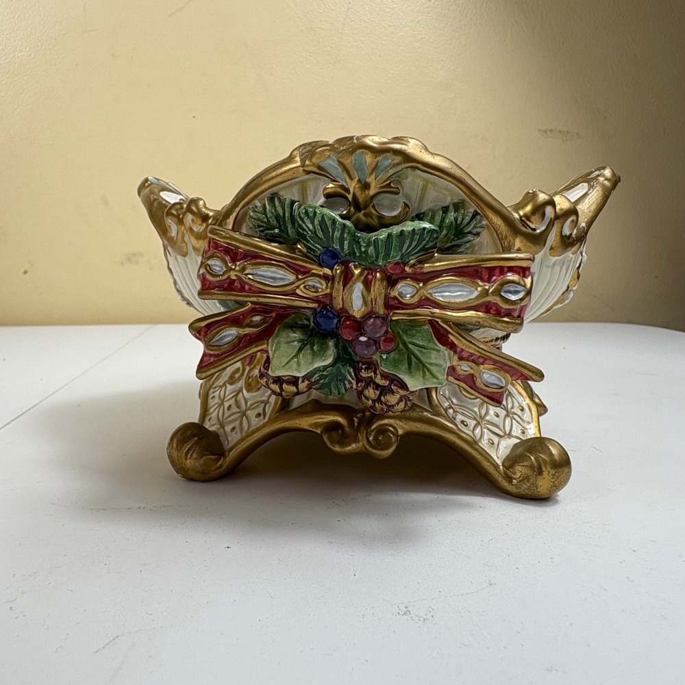 Fitz & Floyd‎ Florentine Christmas Pillar Candle Holder Gold Trim Ceramic